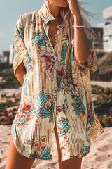 Revneu  Natural Print Feminine Shirt Collar Beachwear