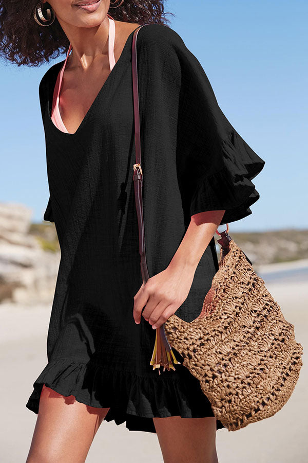 Revneu  Solid Color Classic Half Sleeve Beachwear