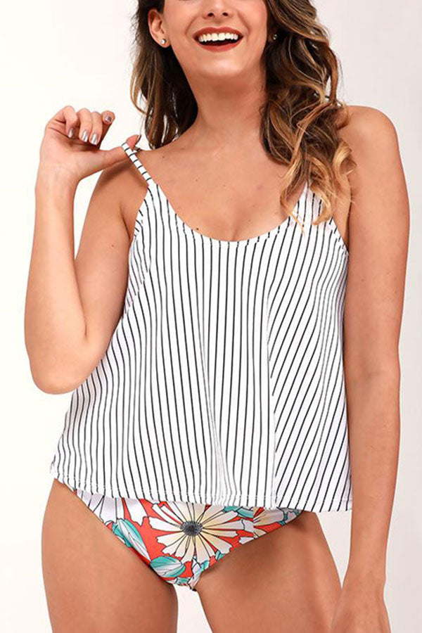 Revneu  Floral Print Striped Sweet Tankini