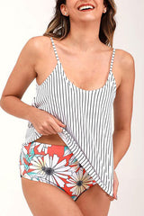 Revneu  Floral Print Striped Sweet Tankini
