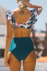 Leaf Print Elegant Knotted Cutout High Waist Bikini