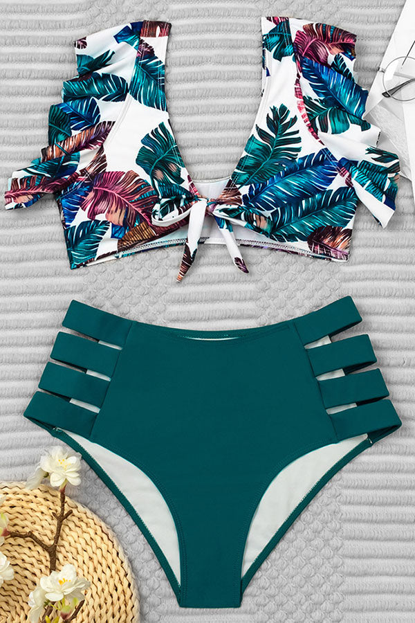 Leaf Print Elegant Knotted Cutout High Waist Bikini