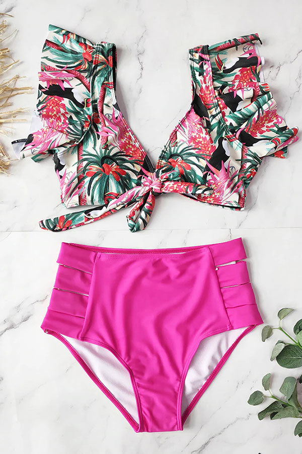 Leaf Print Elegant Knotted Cutout High Waist Bikini