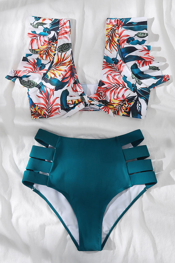 Leaf Print Elegant Knotted Cutout High Waist Bikini