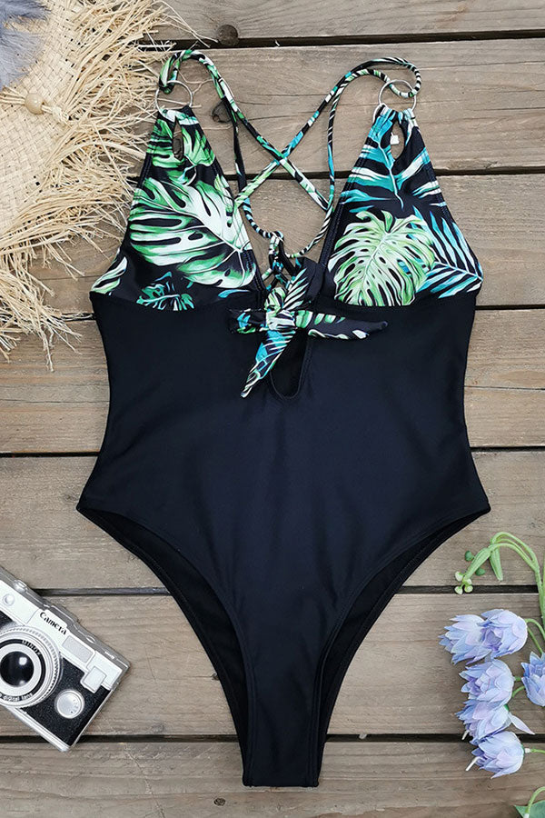 Leaf Print Deep V Neck Bowknot Undeniable One Piece Swimwear