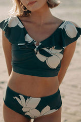 Floral Print V Neck Ruffles Beachy High Waist Bikini