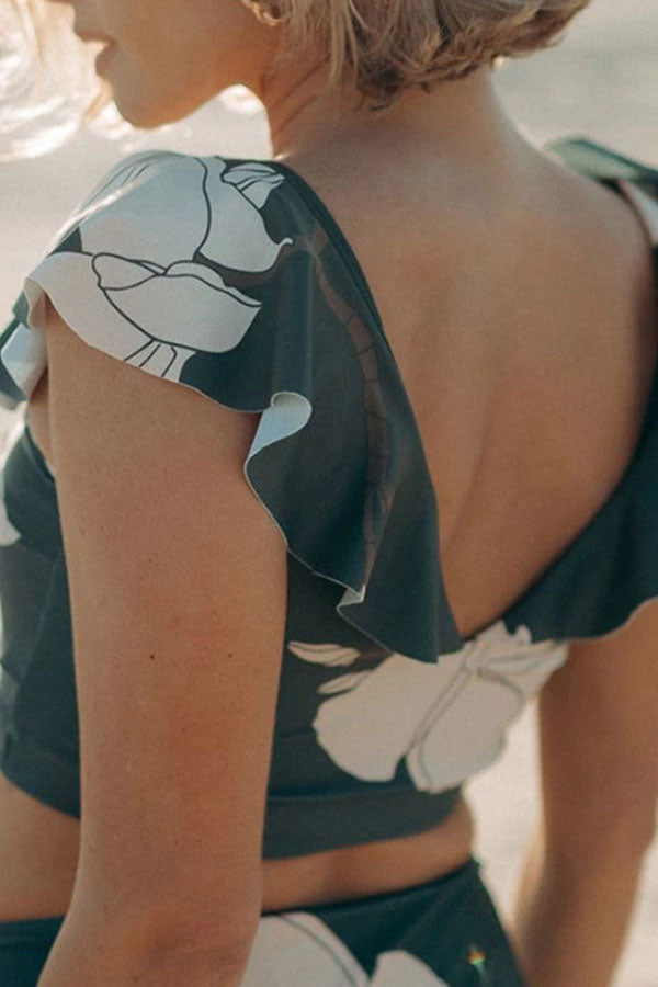 Floral Print V Neck Ruffles Beachy High Waist Bikini