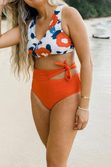 Floral Print Stylish Cutout Lace-Up High Waist Bikini