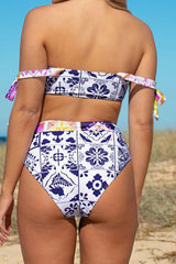 Tribal Print Tie Shoulder Retro Lace-Up High Waist Bikini