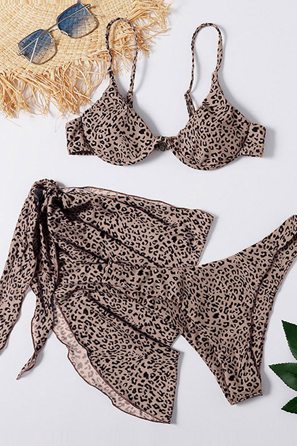Leopard Print Underwired Wild Lace-Up Three Pieces