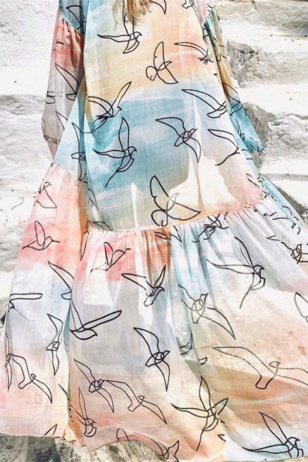 Abstract Print Gradient Pretty Tiered Belted Beachwear