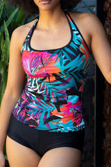 Tropical Floral Print Halter Collar Tankini