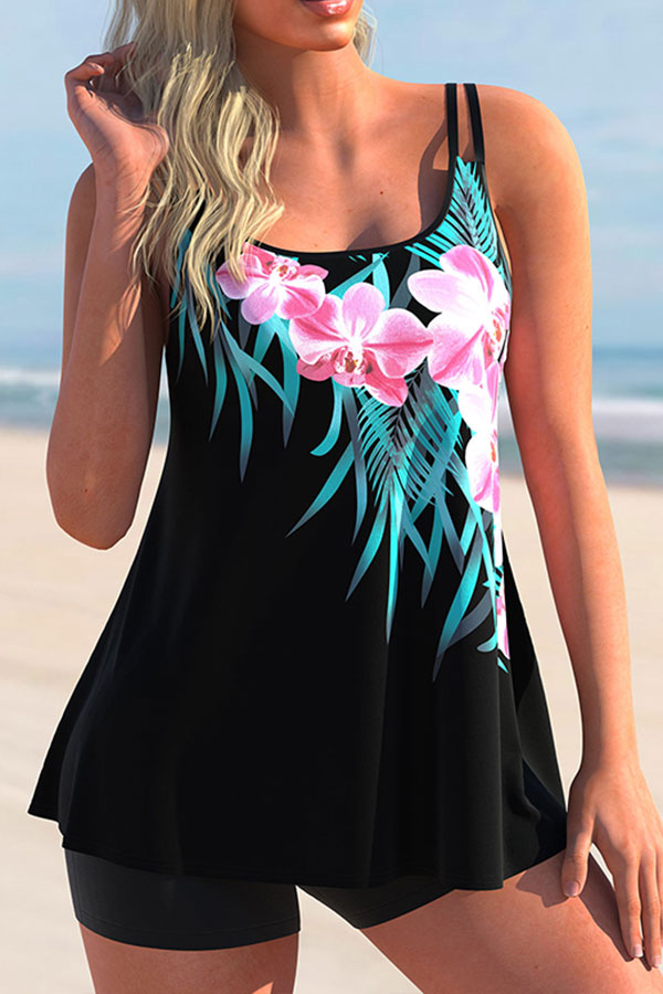 Leaf Print Patchwork Unusual Tankini