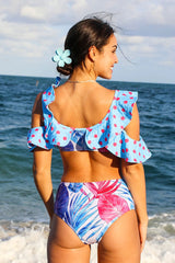 Leaf Print Sweet Ruffle Cold Shoulder Bikini