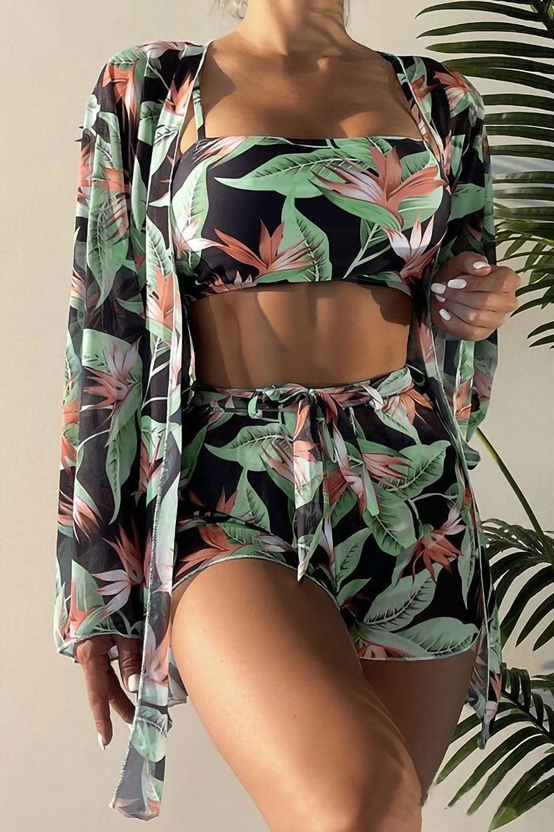 Leaf Print Beachy Belted Three Pieces