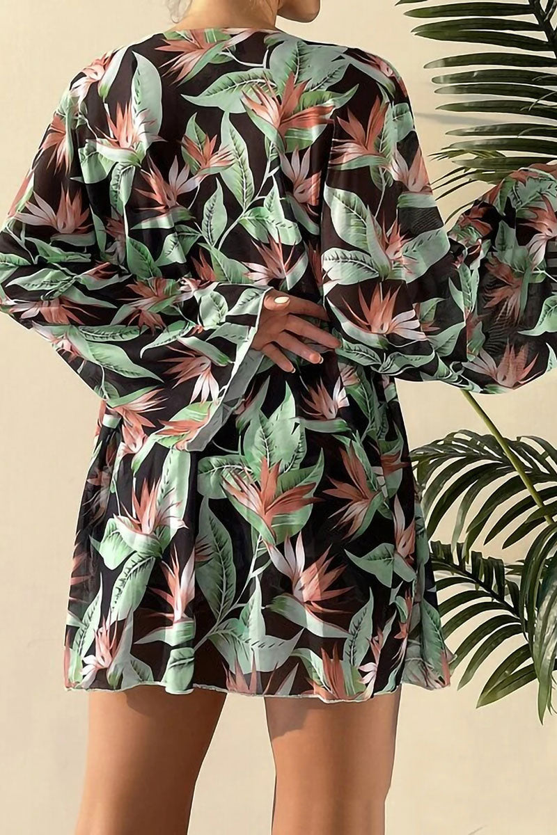 Leaf Print Beachy Belted Three Pieces