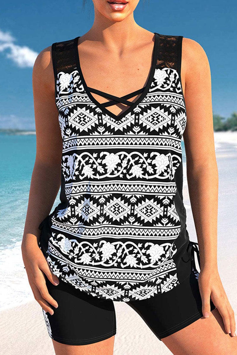 Tribal Print Patchwork Retro Drawstring Tankini