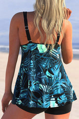 Leaf Print Patchwork Classic U Collar Tankini