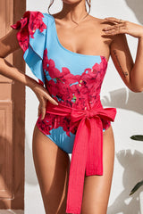 Floral Print Striking Ruffle Lace-Up One Piece Swimwear & Beachwear