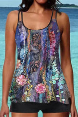 Starry Sky Print Patchwork Sporty Tankini