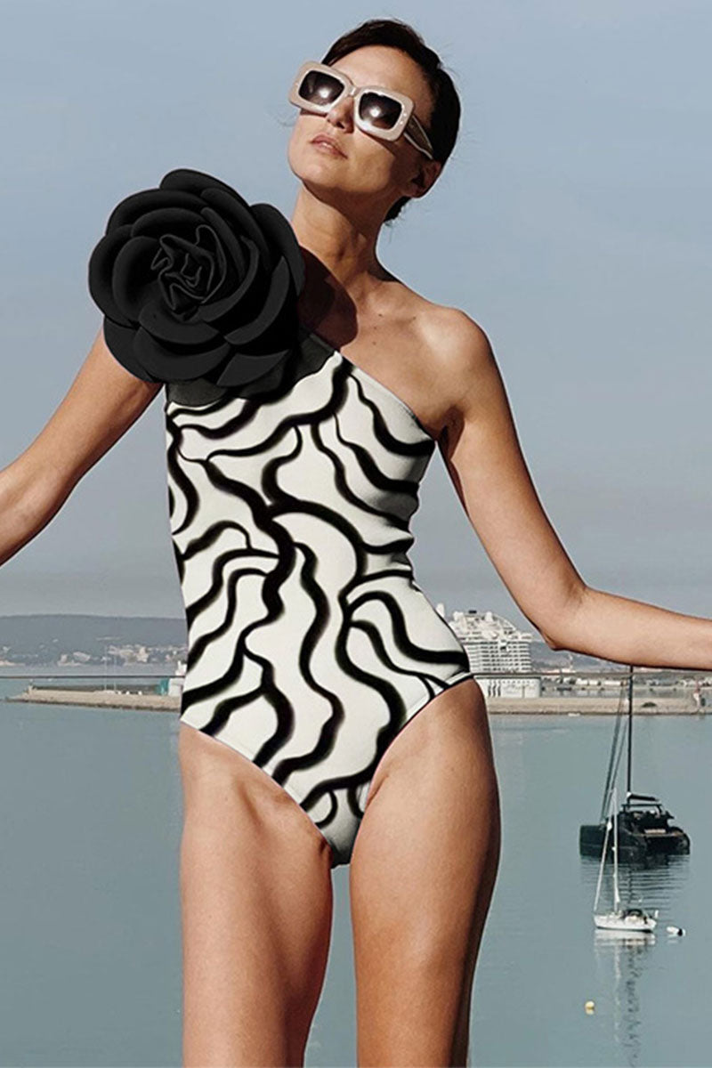 Zebra Print Dramatic 3D Flower One Piece Swimwear