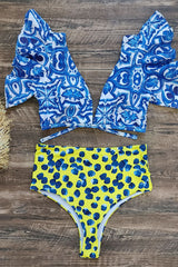 Tribal Print Cute Ruffle Sleeve Tie Back Bikini