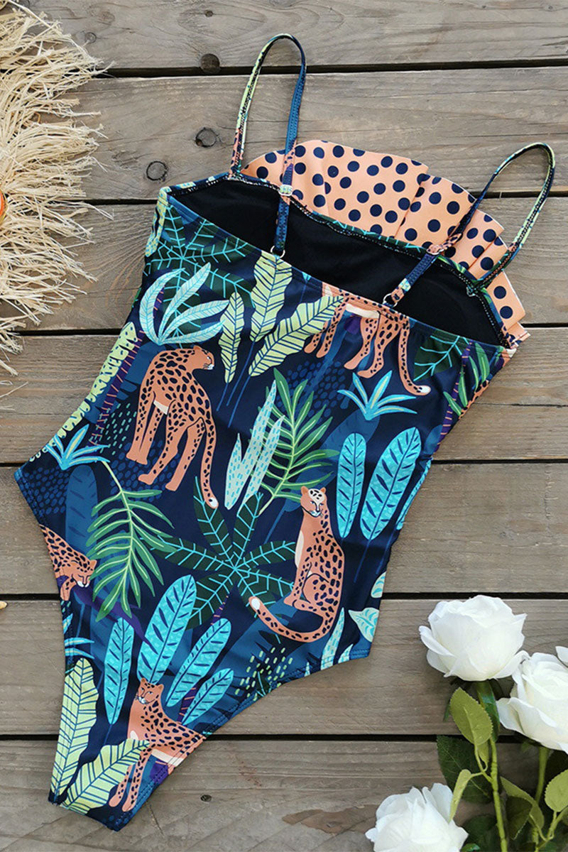 Leopard Print Unique Ruffle Patchwork One Piece Swimwear