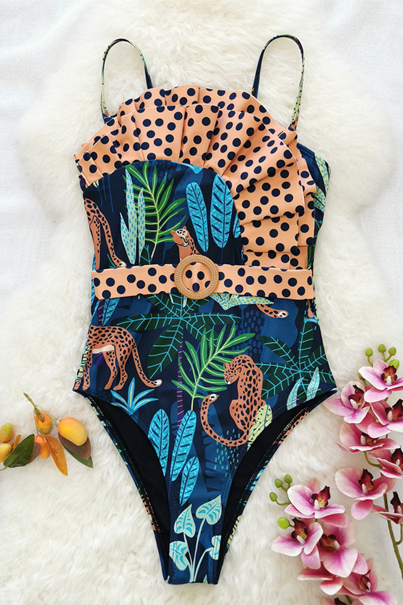 Leopard Print Unique Ruffle Patchwork One Piece Swimwear