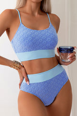 Flower Embossed Girly High Waist Color Block Bikini