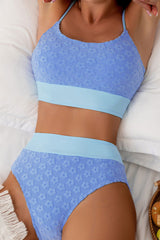Flower Embossed Girly High Waist Color Block Bikini