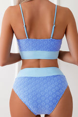 Flower Embossed Girly High Waist Color Block Bikini