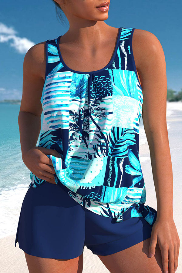 Floral Print Scoop Neck Unusual Knotted Tankini