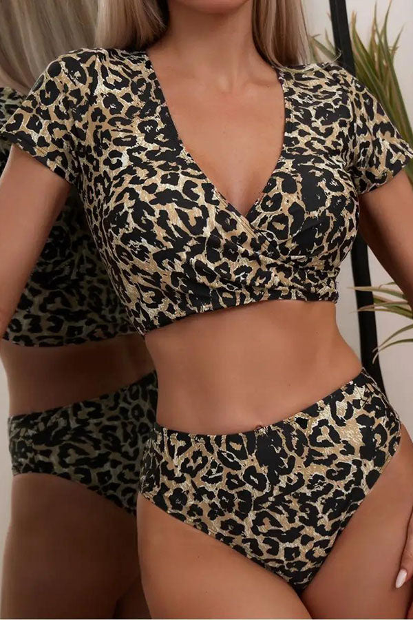 Leopard Print Wild Short Sleeve Bikini