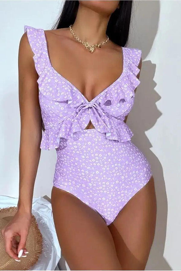 Flower Print Sweet Ruffles Cutout One Piece Swimwear