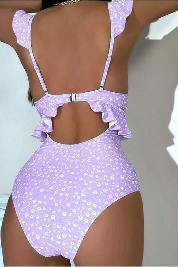 Flower Print Sweet Ruffles Cutout One Piece Swimwear