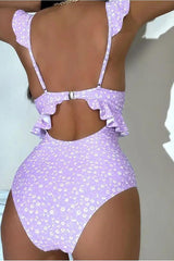 Flower Print Sweet Ruffles Cutout One Piece Swimwear