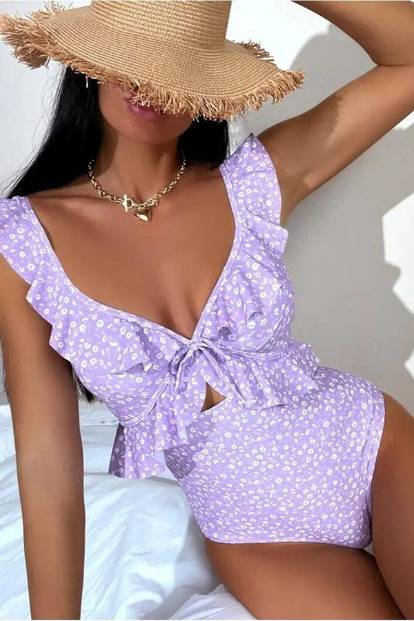 Flower Print Sweet Ruffles Cutout One Piece Swimwear