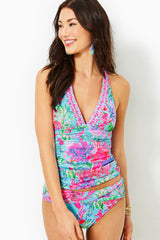 Leaf Print Colorful Halter Collar Ruched Tankini