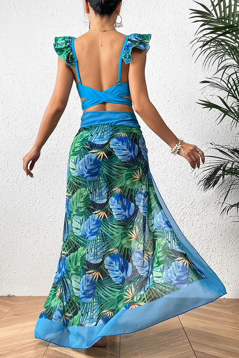 Floral Print Ruffle Strap Elegant Lace-Up Bikini & Beachwear