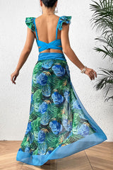 Floral Print Ruffle Strap Elegant Lace-Up Bikini & Beachwear
