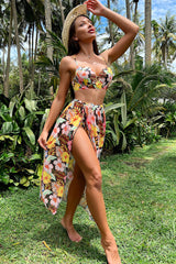 Floral Print Strappy Elegant High Split Three Pieces