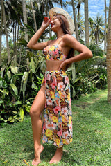 Floral Print Strappy Elegant High Split Three Pieces