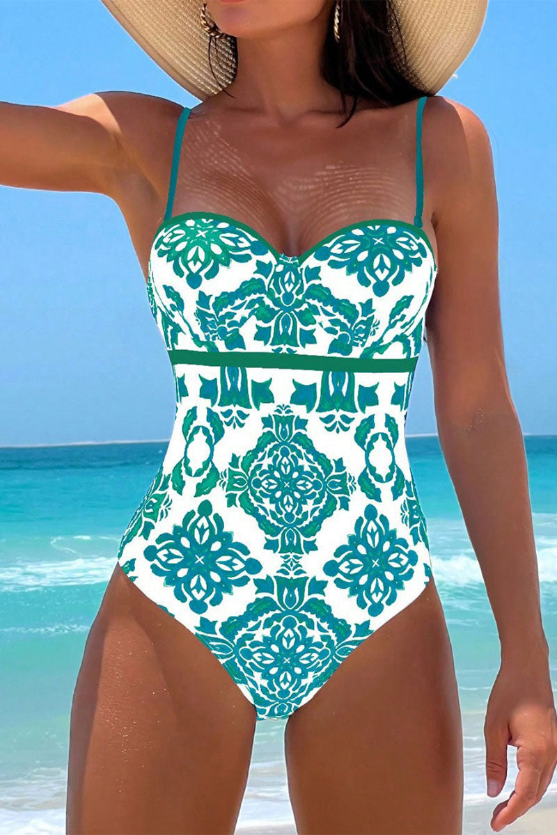 Tribal Print Patchwork Retro Spaghetti Strap One Piece Swimwear