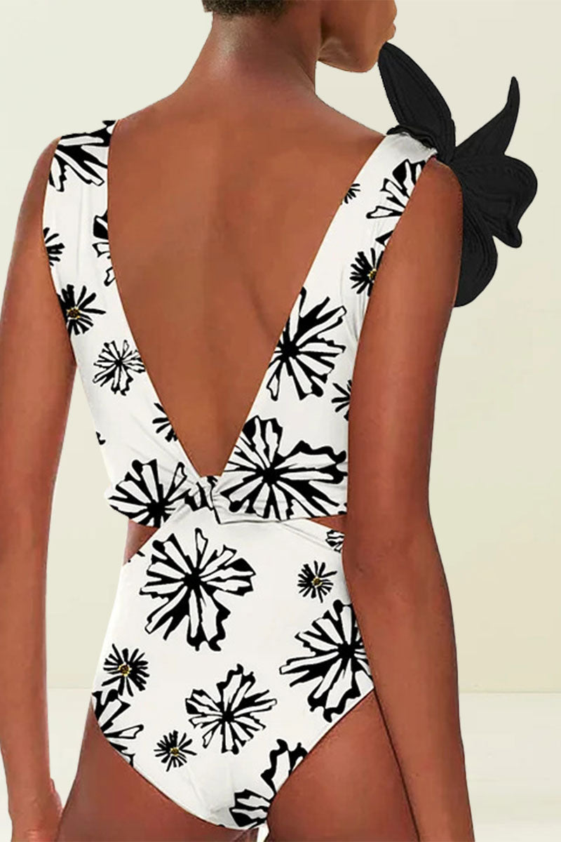 Hit Color 3D Flower Decor Whimsical Twisted Cutout One Piece Swimwear