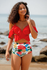 Floral Print Ruffles Feminine Off Shoulder Bikini