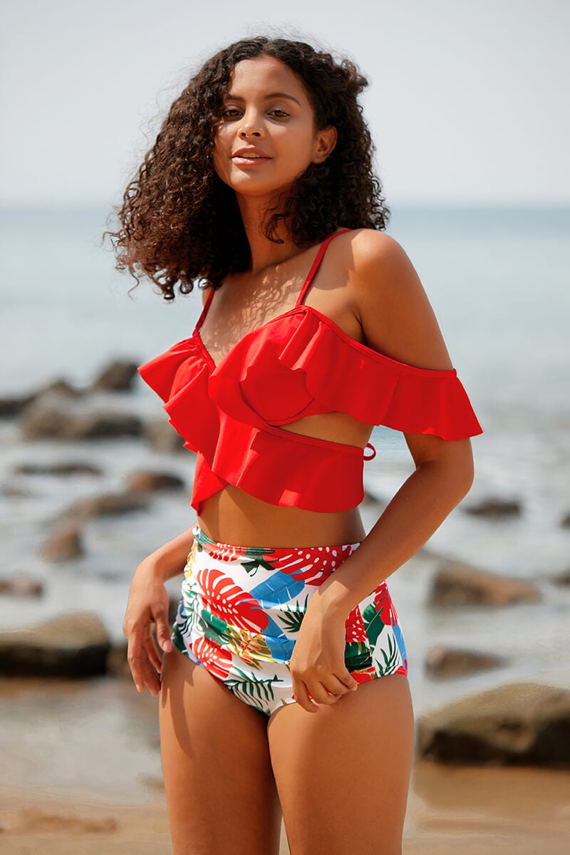 Floral Print Ruffles Feminine Off Shoulder Bikini