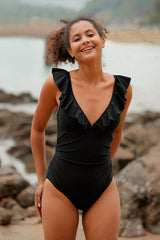 Revneu  Solid Color Feminine Deep V Neck Falbala Lace-Up One Piece Swimwear