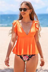 Floral Print V Neck Falbala Sweet Tankini
