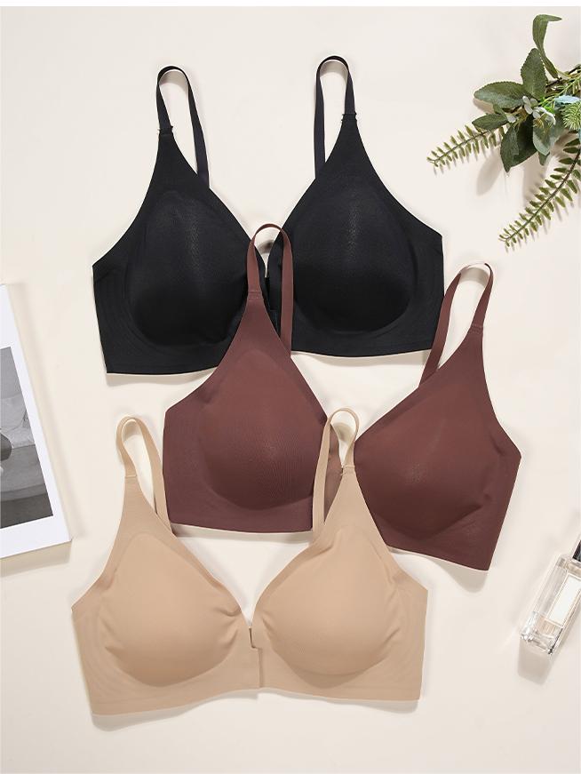 Solid Front Closure Wireless Bra Brown