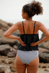 Revneu  Stripe Patchwork Romantic Layered Ruffles Tankini